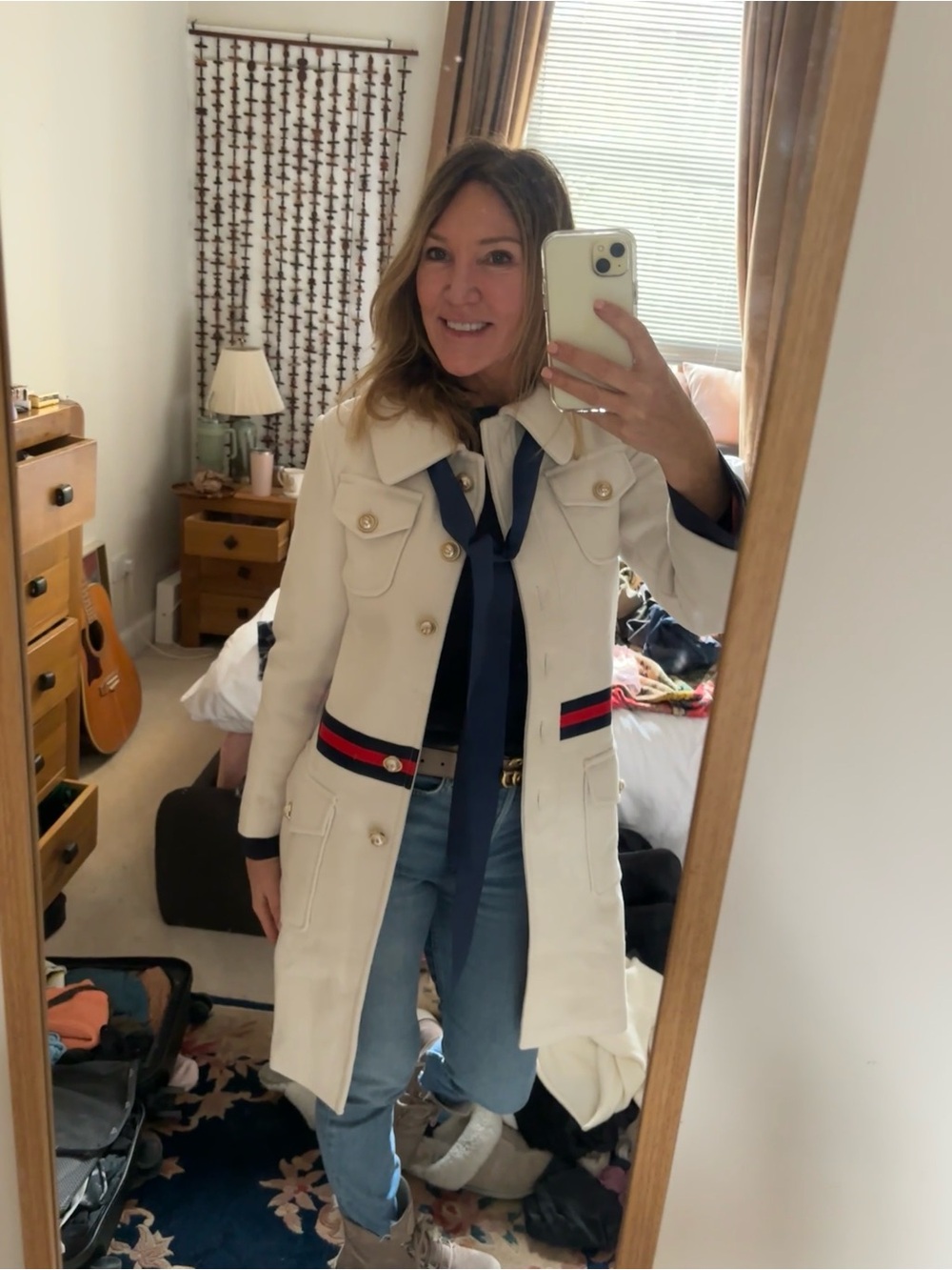 Cream Military-Style Trench Coat with Navy & Red Stripes